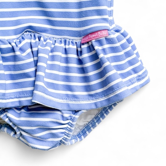 JoJo Maman Bebe Blue & White Striped Duck One-piece Swimsuit Baby Girls 6-12 Mos - Picture 5 of 13